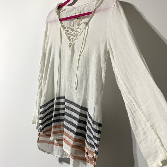 Billabong Tunic Hooded Lace Up Gauze Top Long Sleeve Cream Stripe Size M Medium - Picture 7 of 8